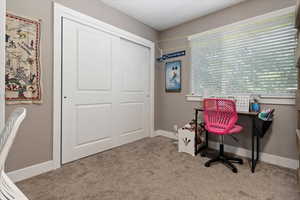 Office area with light colored carpet