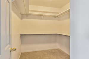 Walk in closet with light carpet