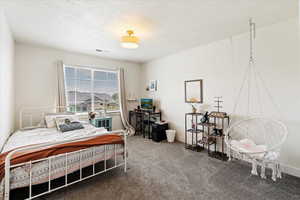 Carpeted bedroom with a textured ceiling