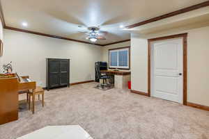 Open basement space featuring light colored carpet, crown molding, and ceiling fan