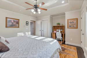 Bedroom featuring ornamental molding, hardwood  floors, ceiling fan, and a raised ceiling