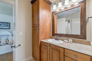 Jack and Jill bathroom with vanity and hardwood / wood-style flooring