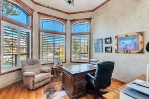 Office featuring a towering ceiling, ornamental molding, and hardwood floors