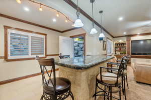 Dry bar area  featuring rail lighting, ornamental molding, a kitchen bar, pendant lighting, and basement entrance.