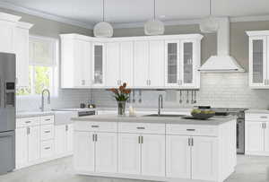 Kitchen with decorative backsplash, premium range hood, stainless steel appliances, and sink