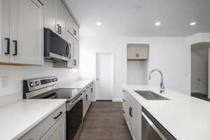 Kitchen featuring gray cabinetry, appliances with stainless steel finishes, dark hardwood / wood-style floors, and sink