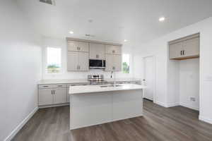 Kitchen with dark hardwood / wood-style floors, appliances with stainless steel finishes, an island with sink, sink, and gray cabinetry