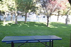 Picnic table behind patio area