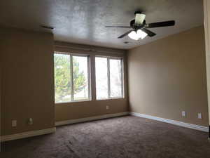 Empty room featuring carpet, a textured ceiling, and ceiling fan