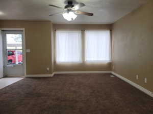 Carpeted spare room with ceiling fan