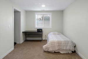 Bedroom featuring light carpet