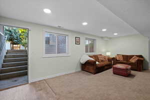 walk-out basement family room featuring wood-type flooring and plenty of natural light