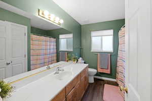 Bathroom featuring vanity, toilet, and hardwood / wood-style flooring