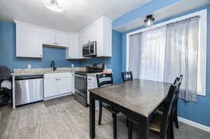 Kitchen featuring light hardwood / wood-style flooring, white cabinetry, light stone countertops, and stainless steel appliances