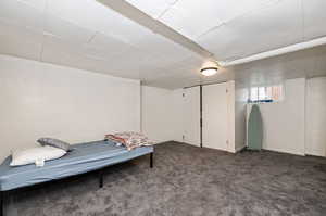 Carpeted bedroom with a closet