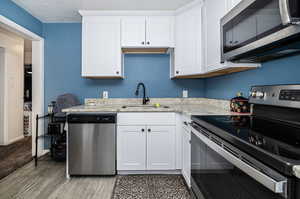 Kitchen with sink, stainless steel appliances, white cabinets, and light colored carpet