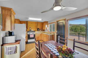 Kitchen with ceiling fan, light wood-type flooring, sink, a textured ceiling, and white appliances