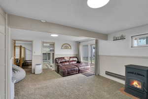 Carpeted living room featuring a baseboard radiator, plenty of natural light, and a wood stove