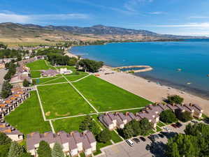 Bird's eye view with a water and mountain view