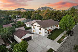 Aerial view at dusk with a mountain view