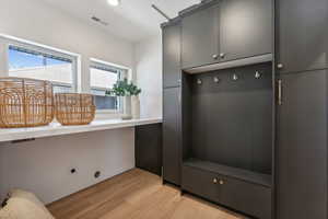 Mudroom featuring plenty of natural light and light hardwood / wood-style flooring