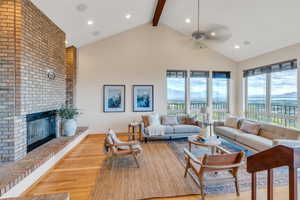 Family room with vaulted ceilings that opens to Kitchen