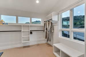 Spacious closet with light carpet