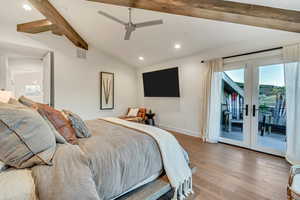 Bedroom with light hardwood / wood-style flooring, french doors, vaulted ceiling with beams, access to outside, and ceiling fan