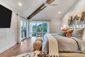 Bedroom with lofted ceiling with beams, access to outside, light hardwood / wood-style floors, and ceiling fan