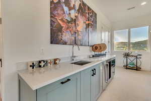 Bar featuring sink and light carpet