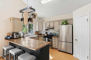 Kitchen featuring light hardwood / wood-style flooring, a kitchen bar, appliances with stainless steel finishes, sink, and kitchen peninsula