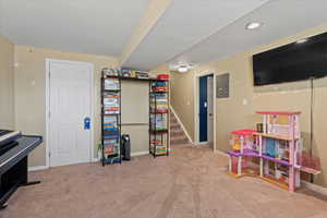 Playroom featuring carpet flooring and electric panel