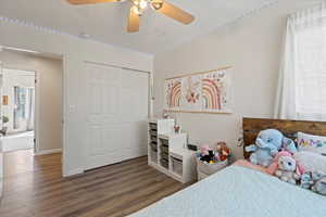 Bedroom with a closet, ceiling fan, and hardwood / wood-style floors