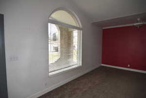 Carpeted spare room with ornamental molding