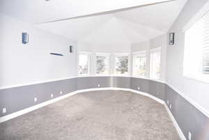 Unfurnished room featuring carpet flooring and lofted ceiling