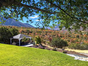 View of yard featuring a gazebo and a mountain view