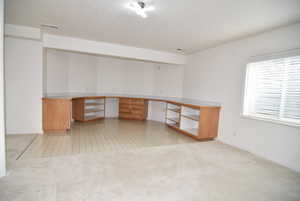 Unfurnished office featuring light carpet and built in desk