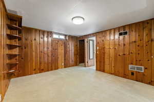 Carpeted empty room with wooden walls