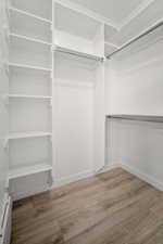 Walk in closet with light hardwood / wood-style flooring and a baseboard heating unit