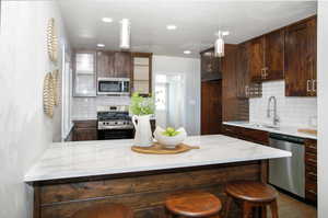 Kitchen featuring a kitchen breakfast bar, stainless steel appliances, decorative backsplash, and dark brown cabinets