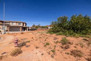 View of yard featuring a garage