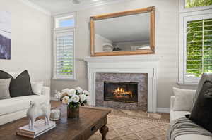 Living room with crown molding and a premium fireplace