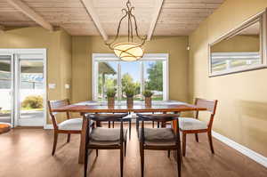 Dining room featuring beamed ceiling, hardwood / wood-style floors, and wood ceiling