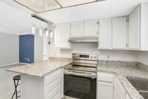 Kitchen featuring kitchen peninsula, white cabinets, and stainless steel electric range oven