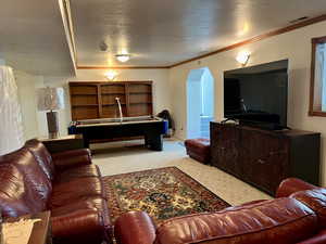 Living room featuring light colored carpet and a textured ceiling