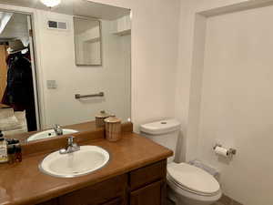 Basement Bathroom featuring vanity, shower, and toilet