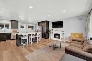 Living room featuring light hardwood / wood-style floors, sink, and a textured ceiling