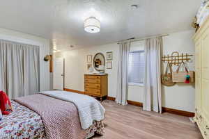 Bedroom with light hardwood / wood-style flooring