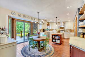 Dining space featuring light hardwood / wood-style flooring and a chandelier