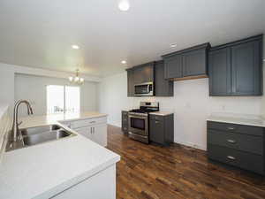 Kitchen with sink, a notable chandelier, dark hardwood / wood-style flooring, decorative light fixtures, and appliances with stainless steel finishes